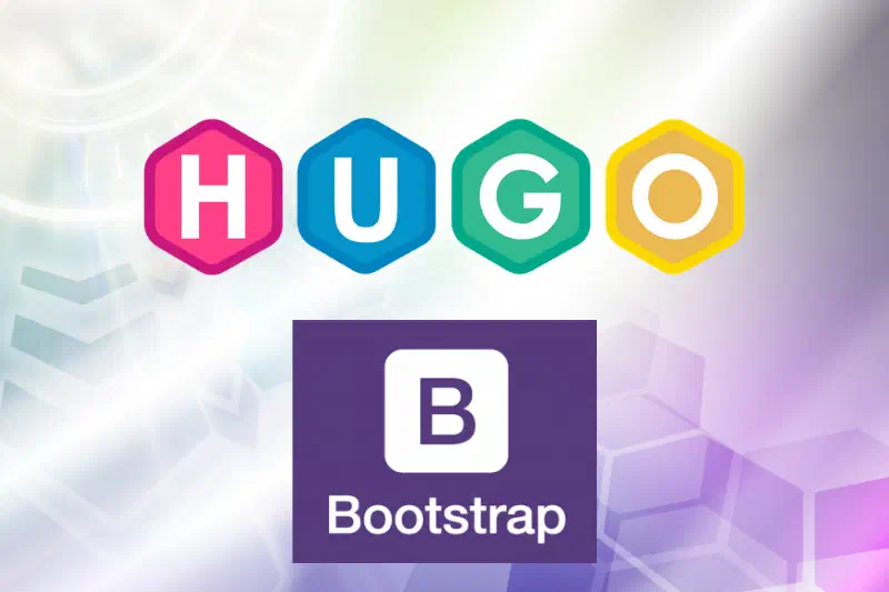The word HUGO spelled in pink, blue, green and yellow hexagons, above the Bootstrap logo on a purple tile