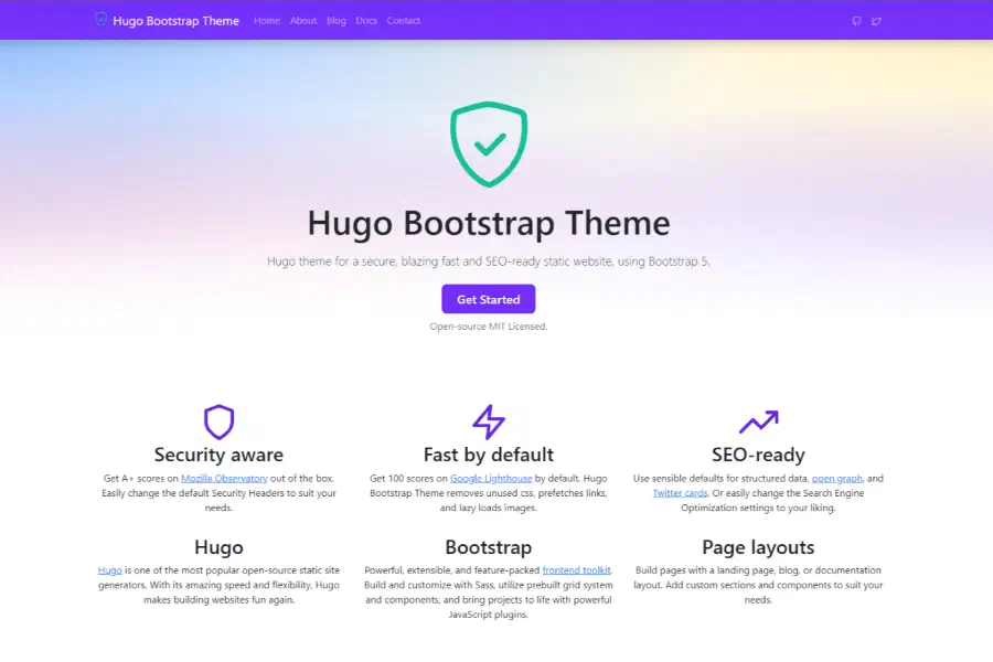 The Hugo Bootstrap Theme home page, with a Get Started button above columns headed Security aware, Fast by default and SEO-ready